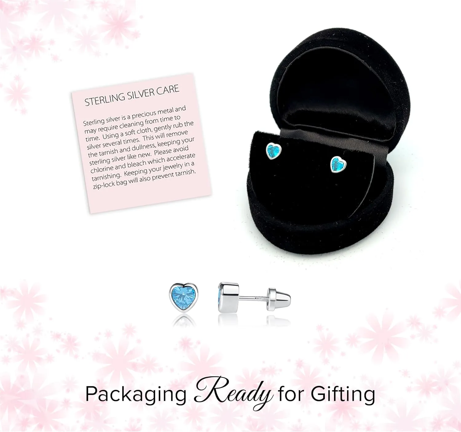 Girls' Sterling Silver CZ Simulated Birthstone Heart Earrings with Screw Back for Baby, Toddler and Kids (6mm)