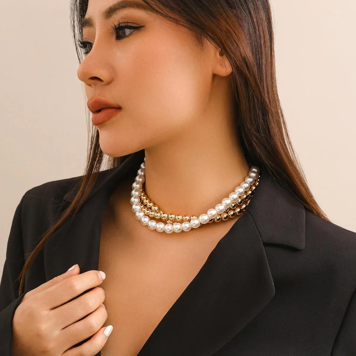 Gold Beaded Choker Necklace for Women Layers Pearls Necklace Fashion Trendy Bead Ball Chain Necklace Jewelry