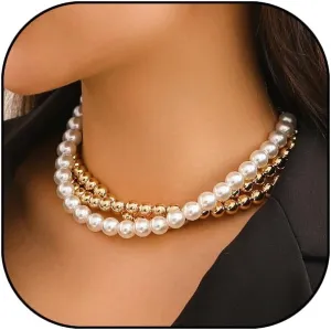 Gold Beaded Choker Necklace for Women Layers Pearls Necklace Fashion Trendy Bead Ball Chain Necklace Jewelry