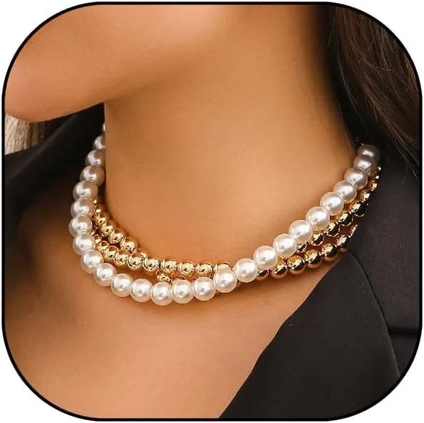Gold Beaded Choker Necklace for Women Layers Pearls Necklace Fashion Trendy Bead Ball Chain Necklace Jewelry