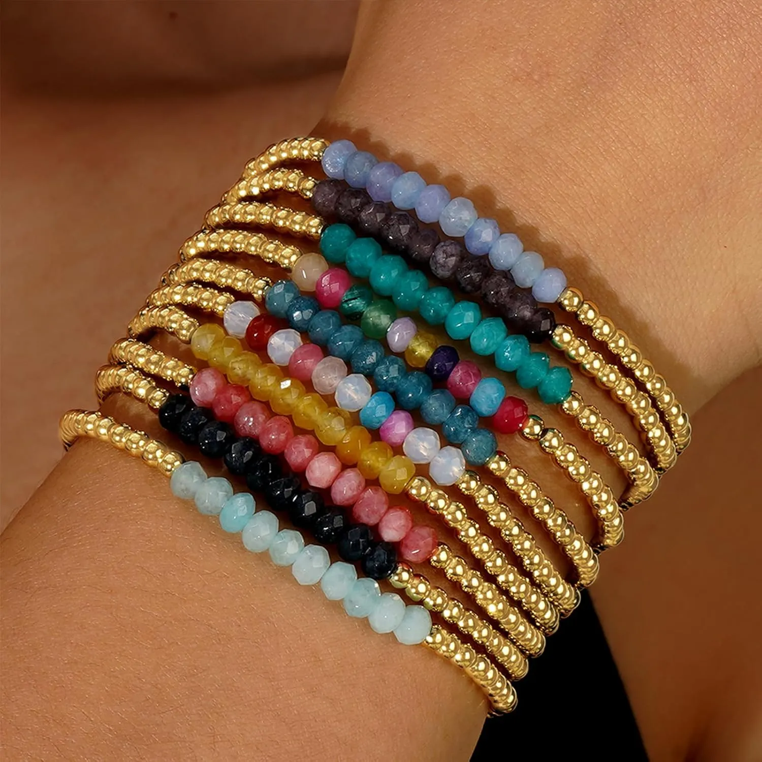 Gold Beaded Gemstone Bracelets for Women, Boho Handmade Natural Stones Stretch Stackable Bracelet Prom Jewelry Gift.