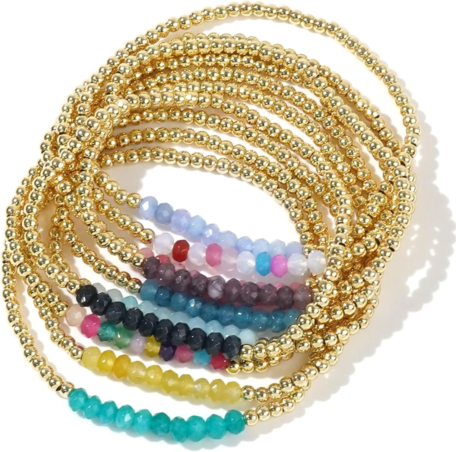Gold Beaded Gemstone Bracelets for Women, Boho Handmade Natural Stones Stretch Stackable Bracelet Prom Jewelry Gift.