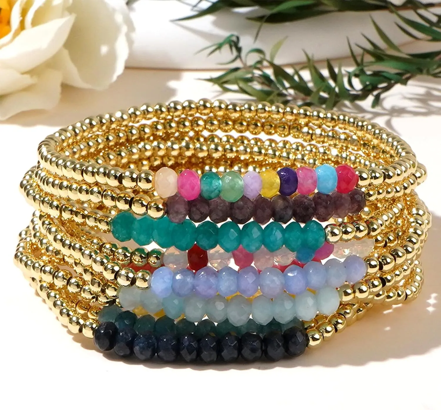 Gold Beaded Gemstone Bracelets for Women, Boho Handmade Natural Stones Stretch Stackable Bracelet Prom Jewelry Gift.