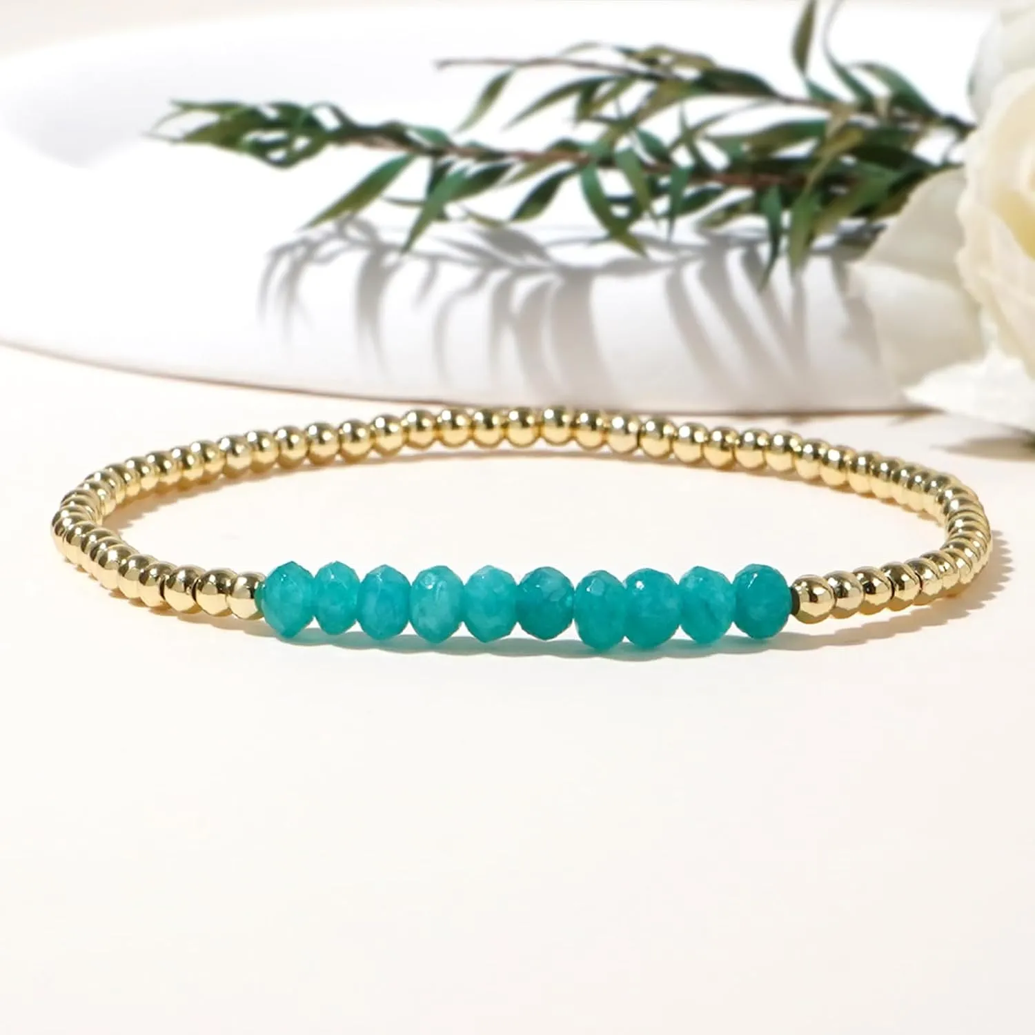 Gold Beaded Gemstone Bracelets for Women, Boho Handmade Natural Stones Stretch Stackable Bracelet Prom Jewelry Gift.