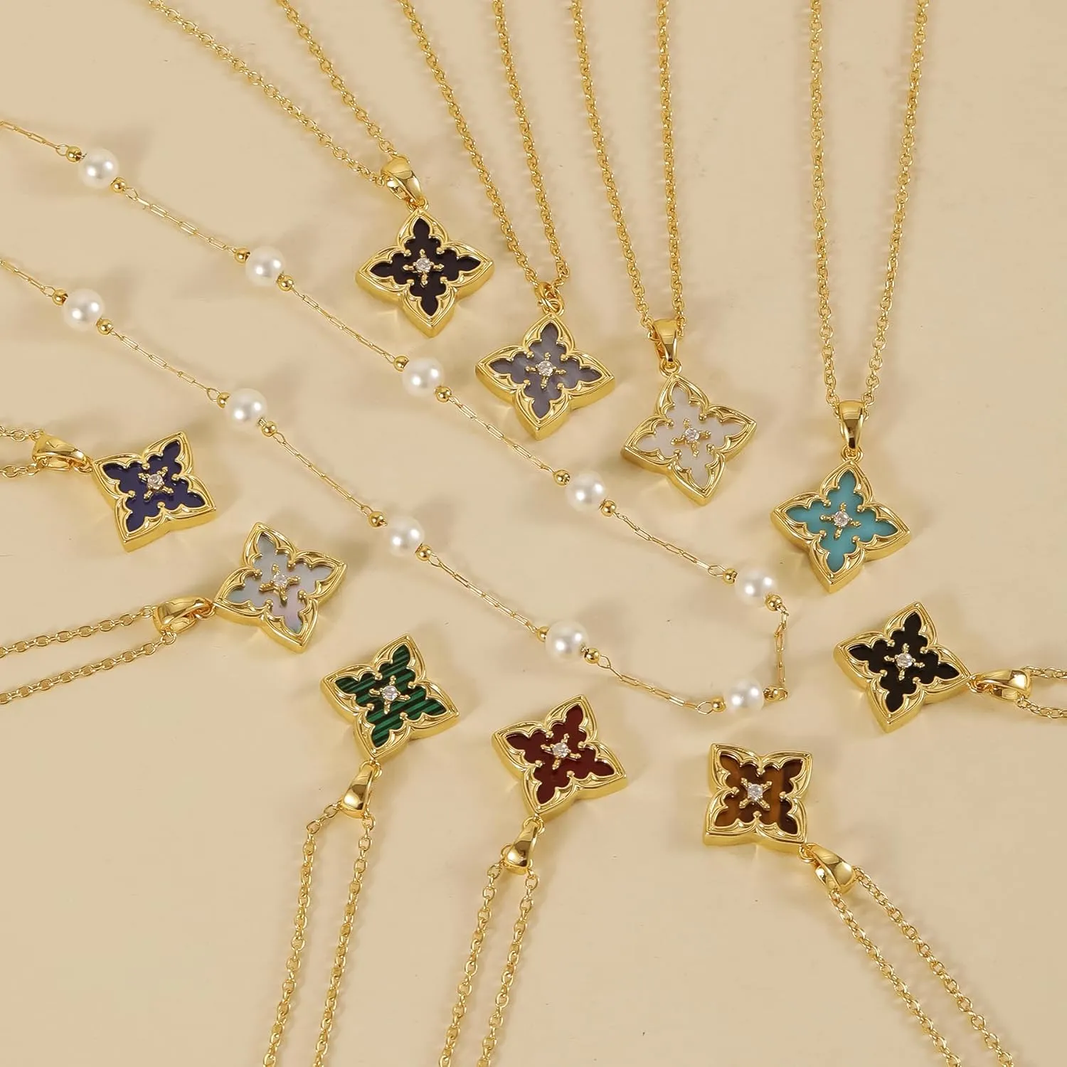 Gold Clover Necklace & Glass Bead Chain Jewelry Set Dainty 14K Gold Plated Pendant Necklace Adjustable Choker Charm Colorful Clover Pendant Lucky Necklaces for Women.