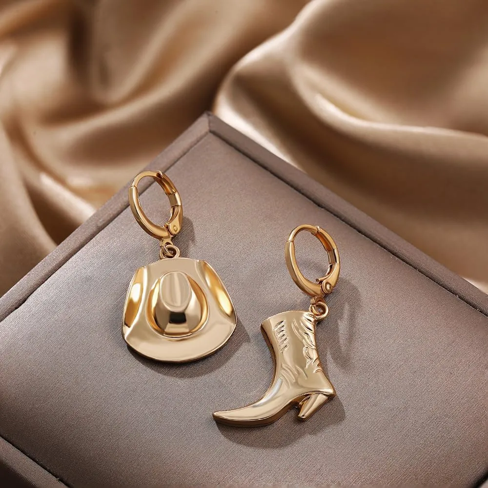 Gold Cowgirl Boot Hat Earrings Dallas Cowgboy Dangle Drop Western Style Silver Earrings for women
