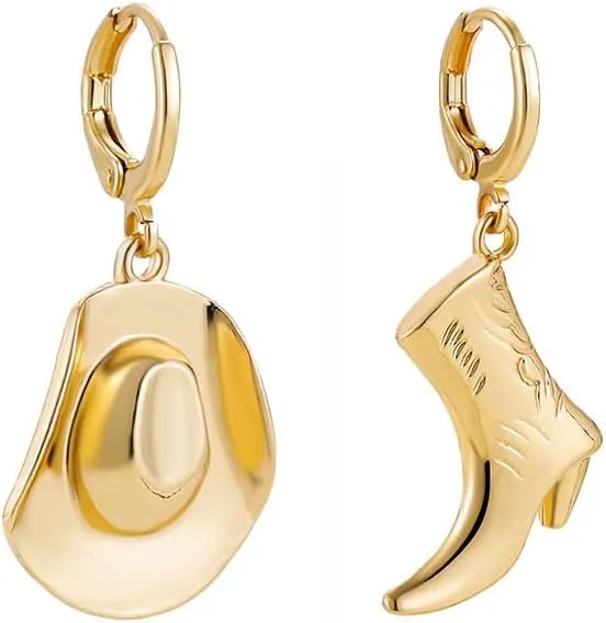 Gold Cowgirl Boot Hat Earrings Dallas Cowgboy Dangle Drop Western Style Silver Earrings for women