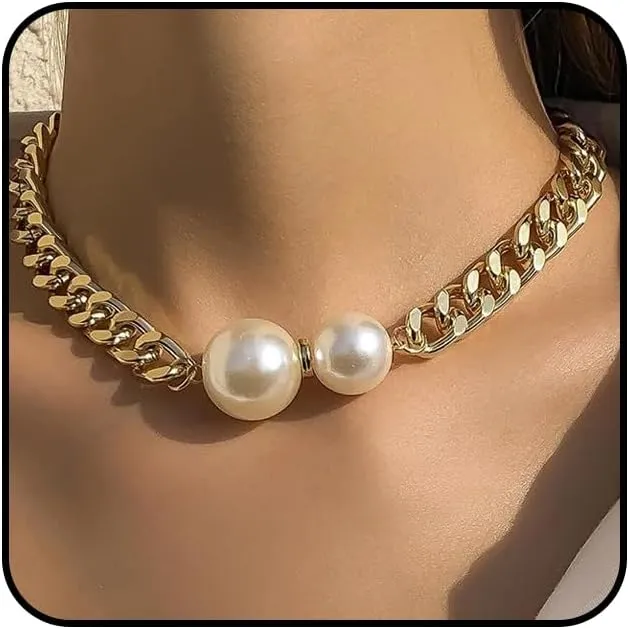 Gold Cuban Link Chain Pearl Choker Necklaces for Women Vintage Metal Thick Statement Clavicle Necklace Adjustable Chunky Necklace Jewelry Accessories