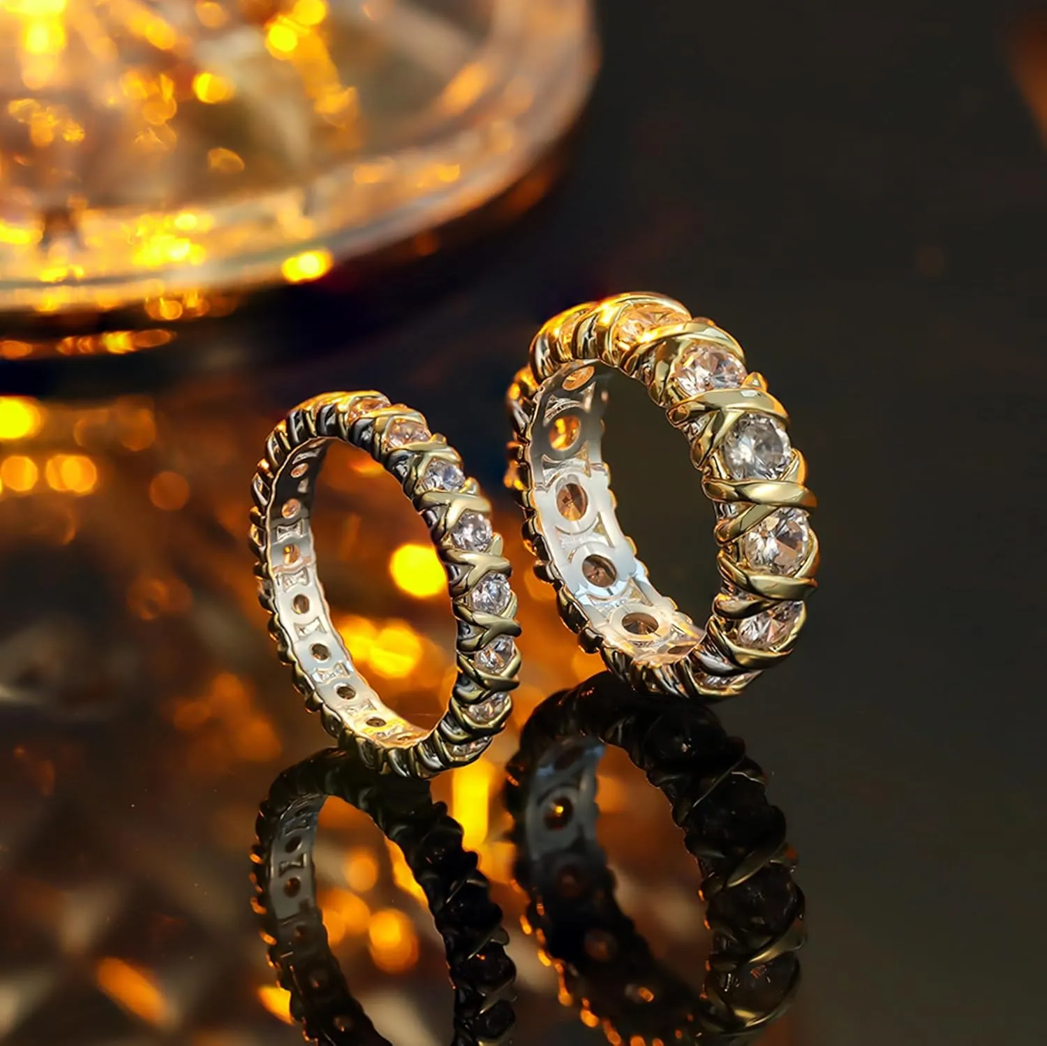 Gold CZ Wedding Band Rings For Women, Cubic Zirconia Rings For Women, Simulated Diamond Stackable Love Pave Rings Two Tone Tennis Ring Womens Ring