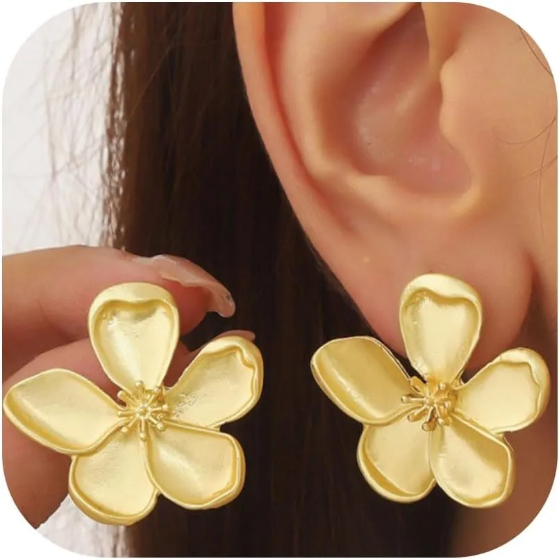 Gold Flower Earrings for Women Large Flower Stud Earrings Gold Statement Earrings Chunky Floral Earrings Women Jewelry Gift
