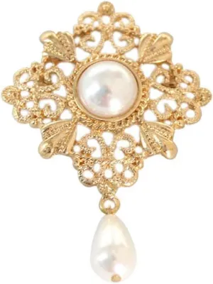 Gold Hollow Flower Pearl Filigree Brooch Pin for Women Full Dress Coat Sweater Simple Retro Accessories