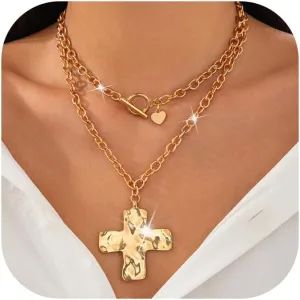 Gold Layered Chunky Cross Necklace for Women,Punk Vintage Hammered Big Cross Heart Pendant Neckalce Statement Thick OT Buckle Chain Necklace Fashion Jewelry