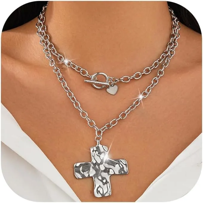 Gold Layered Chunky Cross Necklace for Women,Punk Vintage Hammered Big Cross Heart Pendant Neckalce Statement Thick OT Buckle Chain Necklace Fashion Jewelry