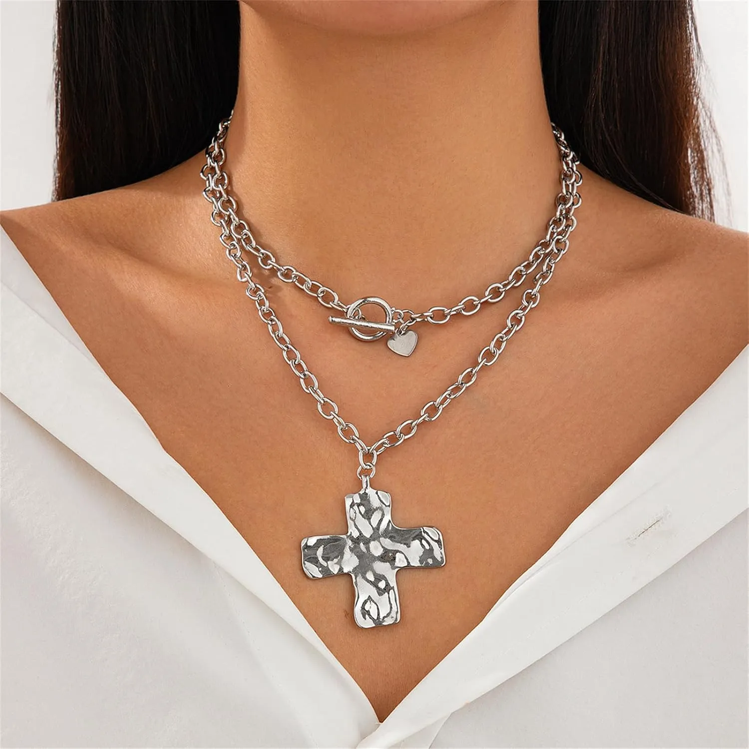 Gold Layered Chunky Cross Necklace for Women,Punk Vintage Hammered Big Cross Heart Pendant Neckalce Statement Thick OT Buckle Chain Necklace Fashion Jewelry