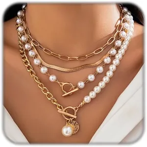 Gold Layered Necklace for Women Dainty Adjustable Multilaye Chunky Pearl Paperclip Chain Choker Necklaces Set for Summer Beach