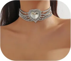 Gold Multi-layered Rhinestone Chain Necklaces Jewelry Crystal Heart Pendant Clavicle Chain Choker Bridal Wedding Rhinestone Body Chain Jewelry for Women