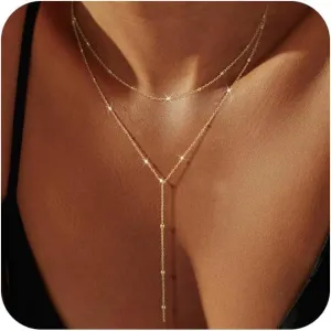 Gold Necklace for Women, Dainty Long Necklace 14k Gold Plated/Silver Y-Shaped Pendant Necklace Trendy Layered Cz Beaded Chain Lip chain Drop Necklaces for Women Gift Jewelry