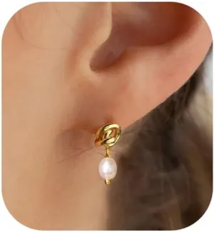 Gold Pearl Drop Earrings for Women, 14k Small Dainty Gold Plated Pearl Huggie Hoop Dangle Earrings for Women Trendy Hypoallergenic Stud Earrings Dangling Gold Earring Hooks Gold Jewelry Non Tarnish