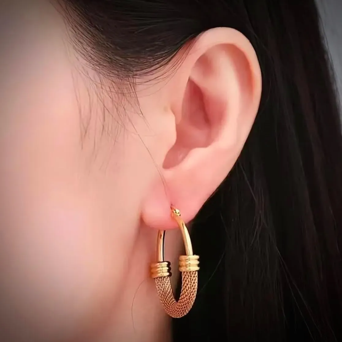 Gold Round Mesh Hoop Earrings  Gold Plated Large Hoop Earrings High Polished Simple Dressy Professional Jewelry Gift for Women Elegant & Timeless Design Lightweight