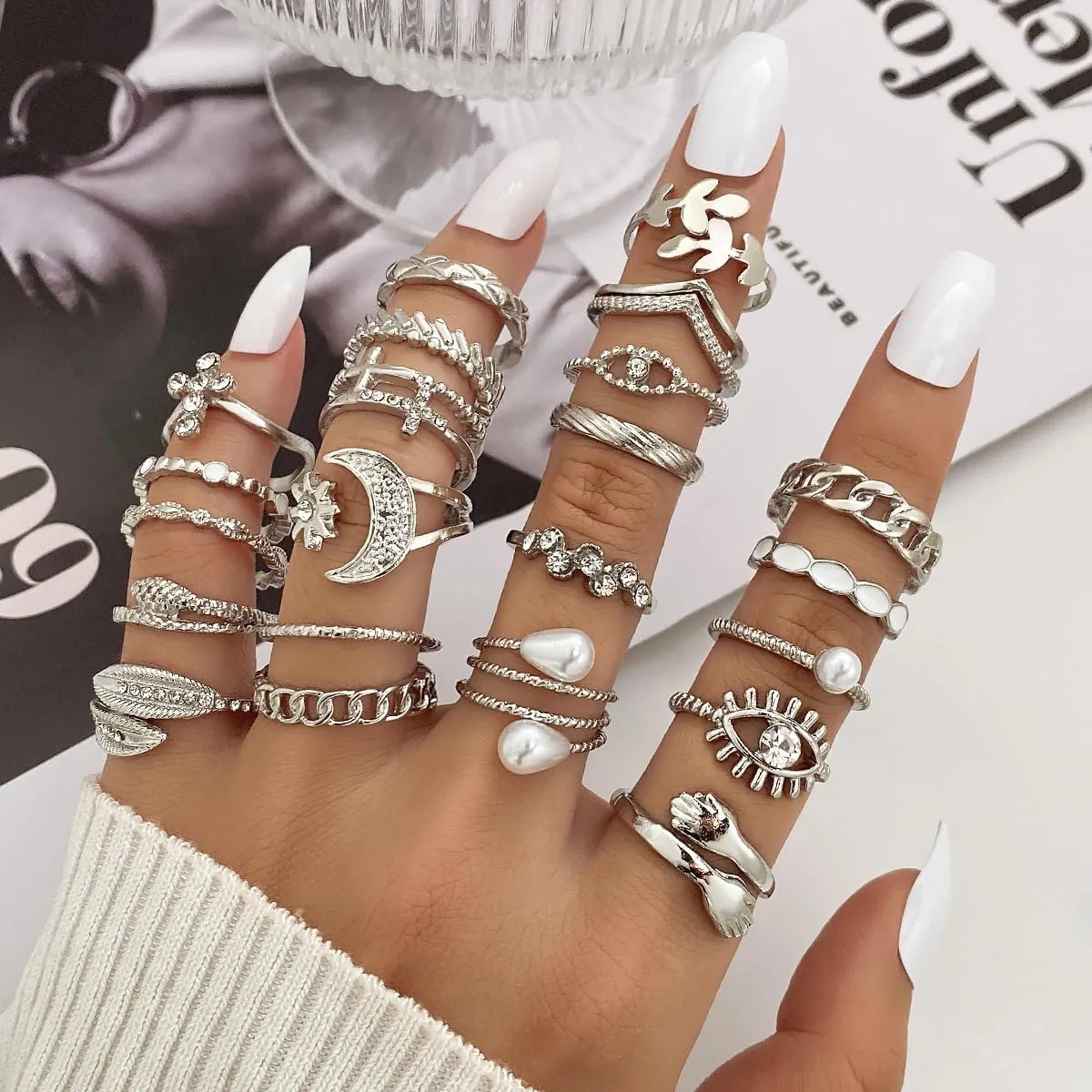 Gold Silver Knuckle Rings Set for Women, Stackable Rings Bohemian Crystal Hollow Carved Flowers Joint Finger Rings Pack Fashion Jewelry Gifts for Her