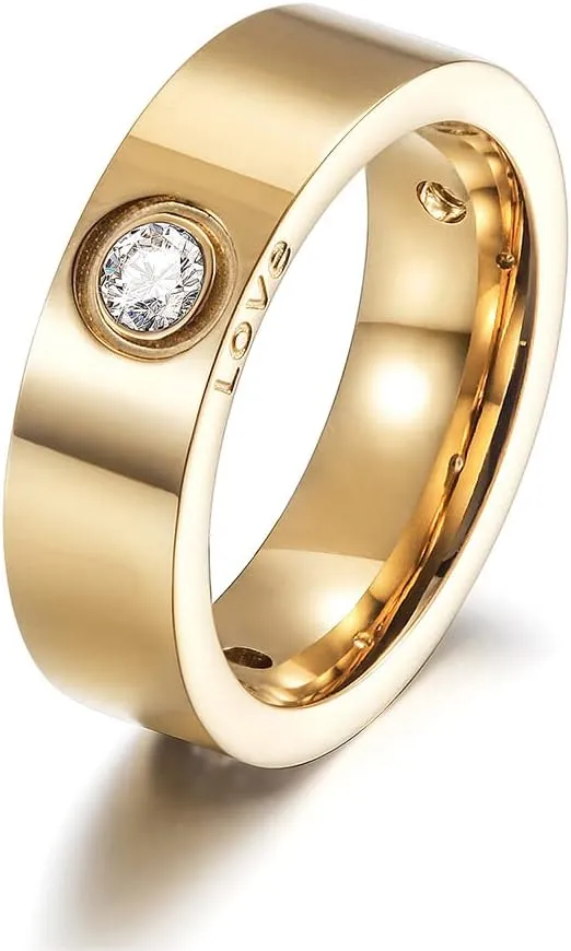 Gold Statement Rings for Women with CZ Wide Bands LOVE Engraved Rings for Unisex Adult Fashion Stainless Steel Chunky Enhancer Finger Jewelry (Masterpiece, 10)