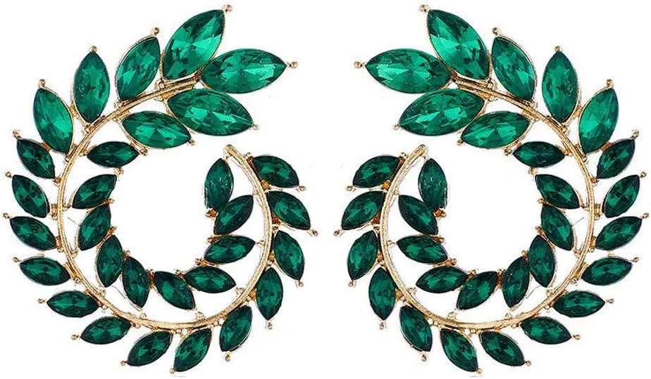 Gold Tone Antique Vintage Retro Art Deco Style Circle Hoop Green Imitation Emerald Rhinestone Wedding Bridal Prom Earrings