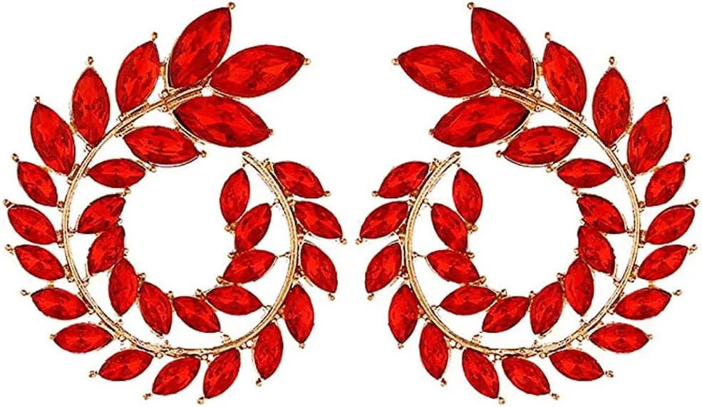 Gold Tone Antique Vintage Retro Art Deco Style Circle Hoop Scarlet Imitation Ruby Fire Red Wedding Bridal Prom Earrings