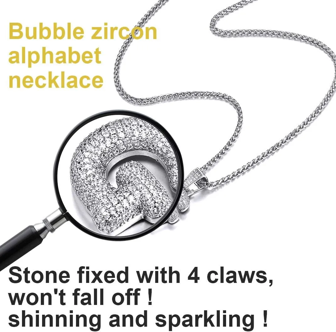 GOLDCHIC JEWELRY Customized Iced Bling Bubble Pendant for Men, Gold Plated CZ Initial Letter Necklace with Tennis Chain, CZ Alphabet Charm Men Women Hip Hop Jewelry A to Z