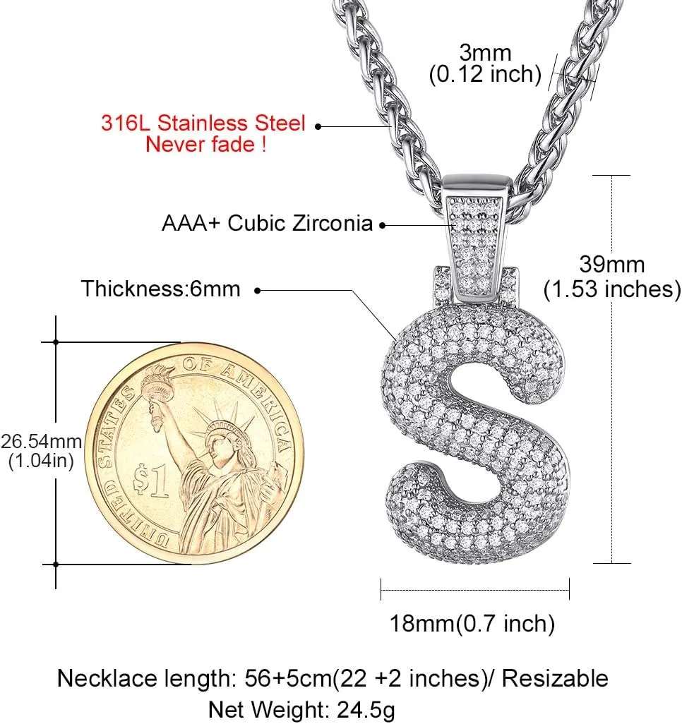 GOLDCHIC JEWELRY Customized Iced Bling Bubble Pendant for Men, Gold Plated CZ Initial Letter Necklace with Tennis Chain, CZ Alphabet Charm Men Women Hip Hop Jewelry A to Z