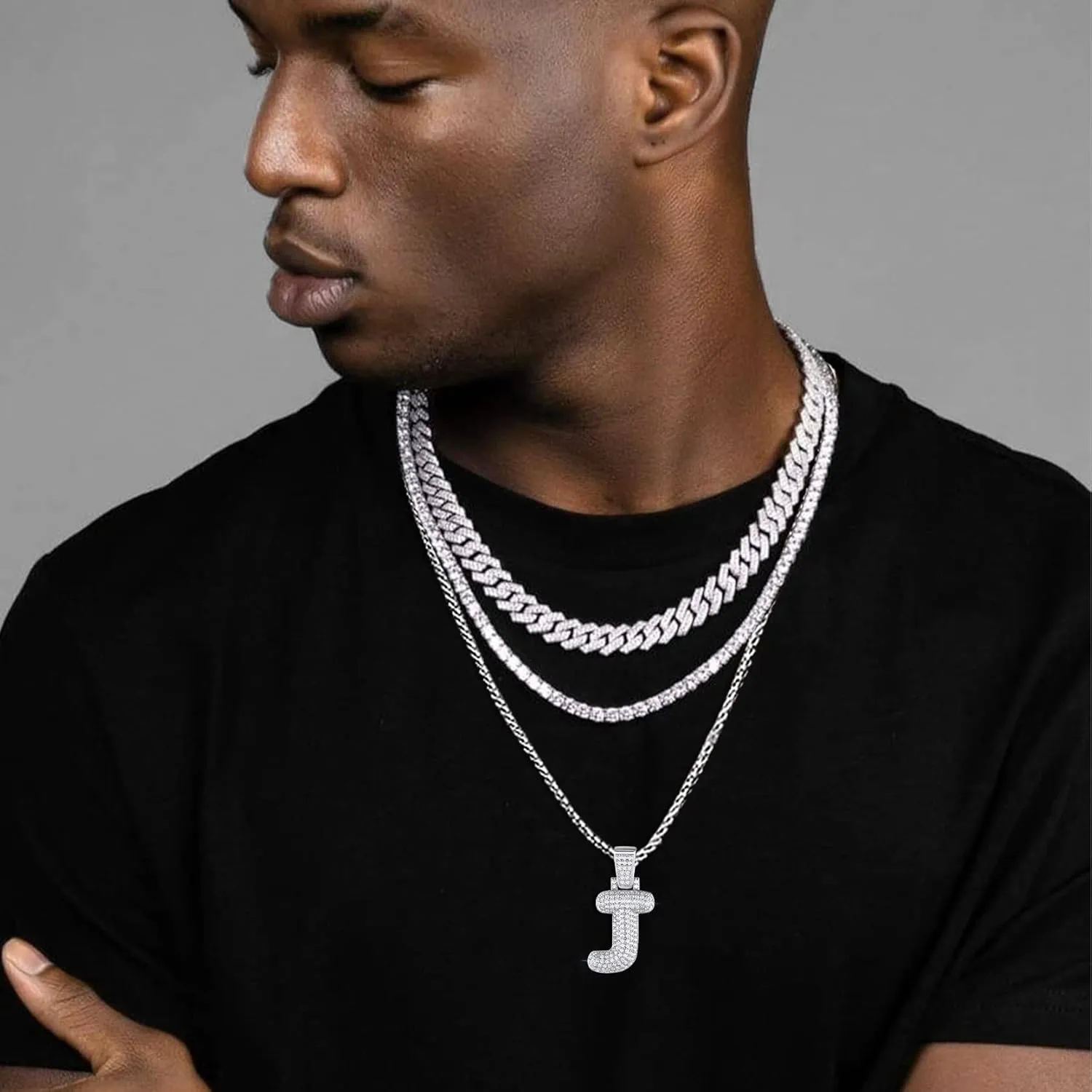 GOLDCHIC JEWELRY Customized Iced Bling Bubble Pendant for Men, Gold Plated CZ Initial Letter Necklace with Tennis Chain, CZ Alphabet Charm Men Women Hip Hop Jewelry A to Z