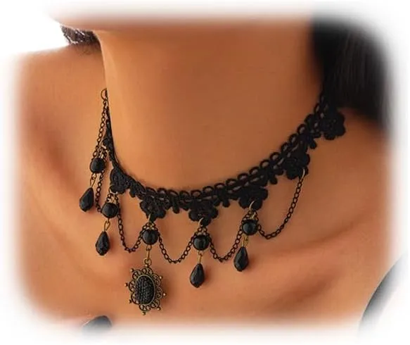 Gothic Black Crystal Bead Collar Necklace for Women Sexy Lace Flower Clavicle Chain Necklace Multi Layered Metal Chain Necklace for Women