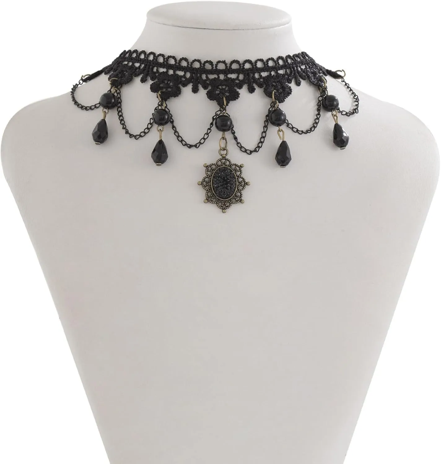 Gothic Black Crystal Bead Collar Necklace for Women Sexy Lace Flower Clavicle Chain Necklace Multi Layered Metal Chain Necklace for Women