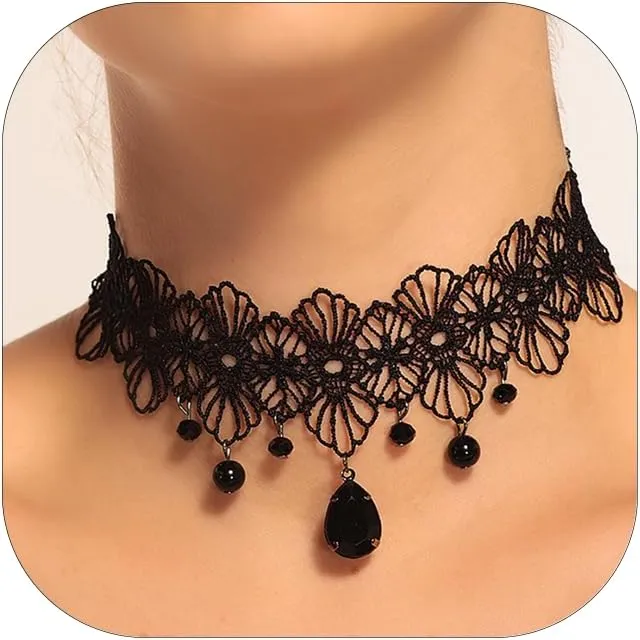 Gothic Black Lace Crystal Choker Necklace for Women Adjustable Layered Velvet Leather Lace Collar Halloween Party Costume Jewelry