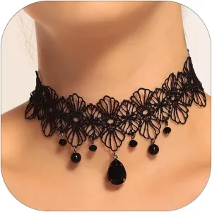 Gothic Black Lace Crystal Choker Necklace for Women Adjustable Layered Velvet Leather Lace Collar Halloween Party Costume Jewelry