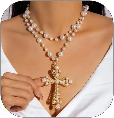 Gothic Cross Necklace for Women Exaggerate Big Pearl Beaded Cross Statement Necklaces Sparkling Crystal Choker Punk Chunky Statement Jewelry
