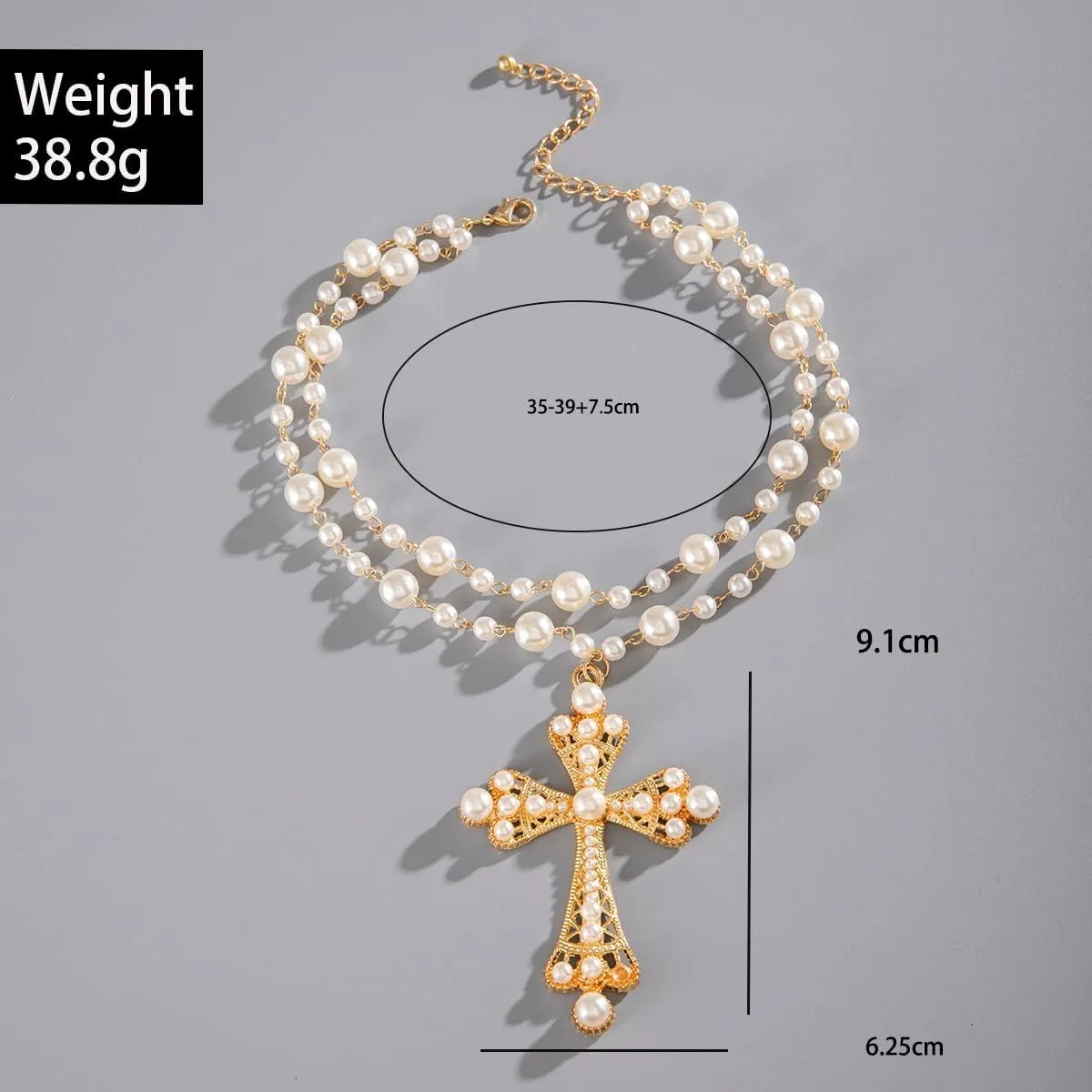 Gothic Cross Necklace for Women Exaggerate Big Pearl Beaded Cross Statement Necklaces Sparkling Crystal Choker Punk Chunky Statement Jewelry