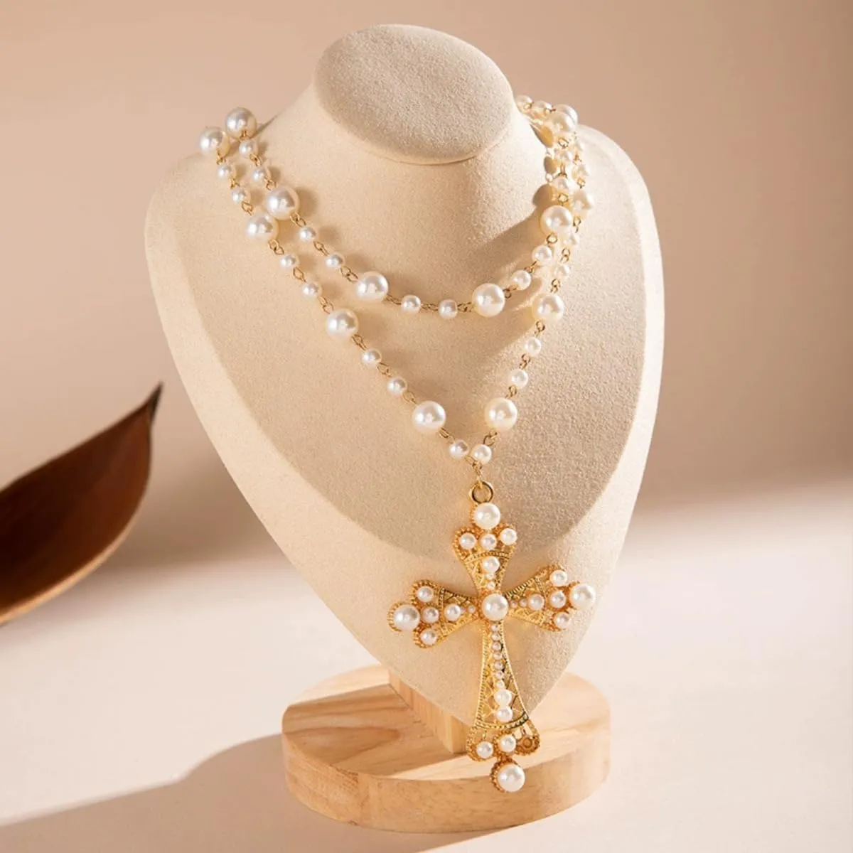 Gothic Cross Necklace for Women Exaggerate Big Pearl Beaded Cross Statement Necklaces Sparkling Crystal Choker Punk Chunky Statement Jewelry