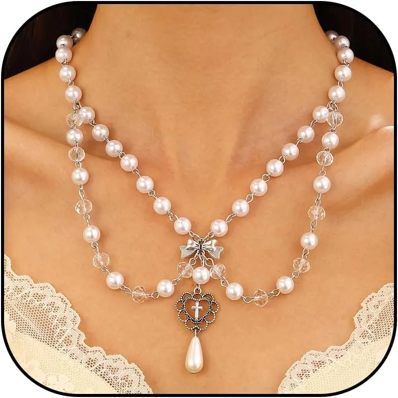 Gothic Cross Stacked Necklace for Women Layered Pearl Cross Necklace Gothic Jewelry for Halloween Party