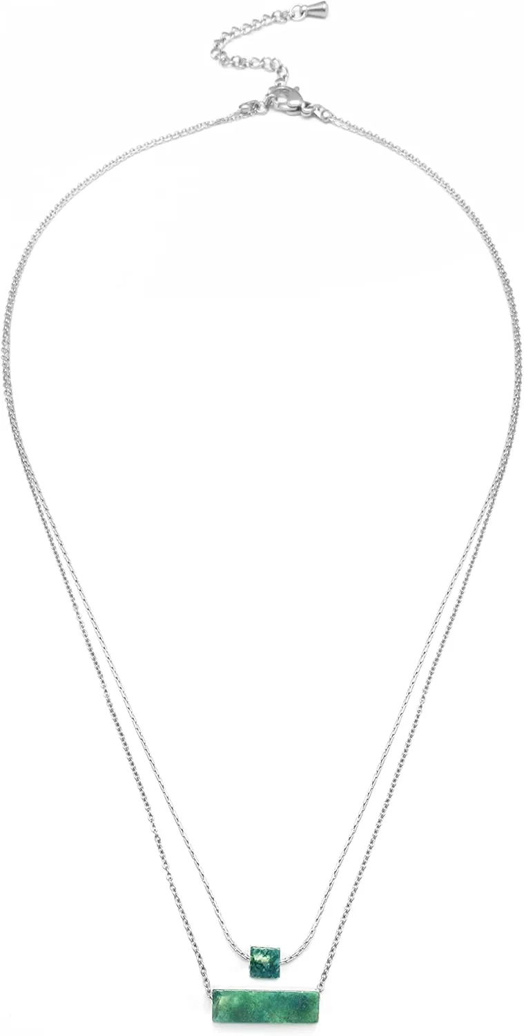 Green Aventurine Gemstone Necklaces for Women Neon Double Chain Bar Pendant Necklace with Extension in a Gift Box Fashion Layered Necklace for Minimalist Dark Green/Light Green