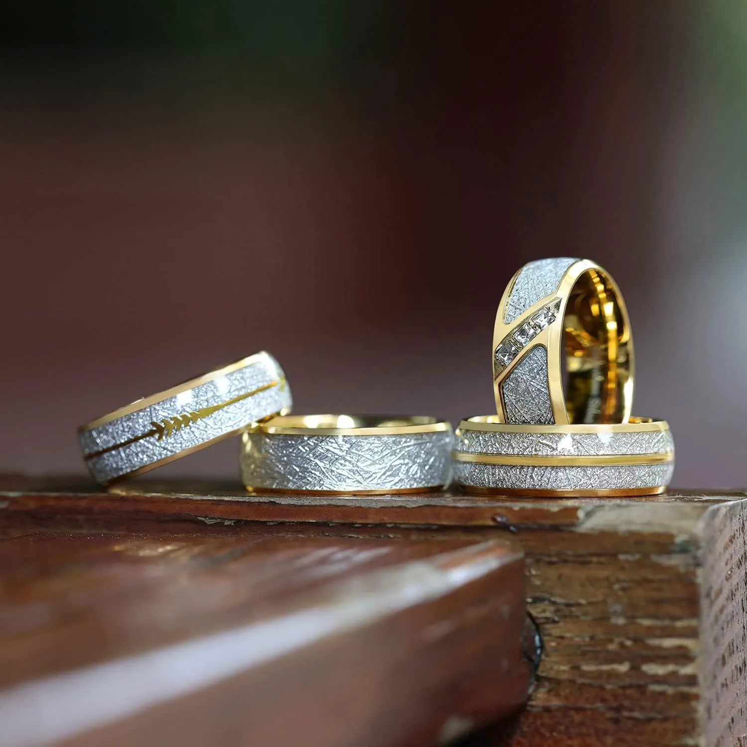 Greenpod 8mm Stainless Steel Rings for Men 24K Gold Meteorite Cubic Zirconia Inlay Domed Polished Wedding Band Comfort Fit Size 7-15