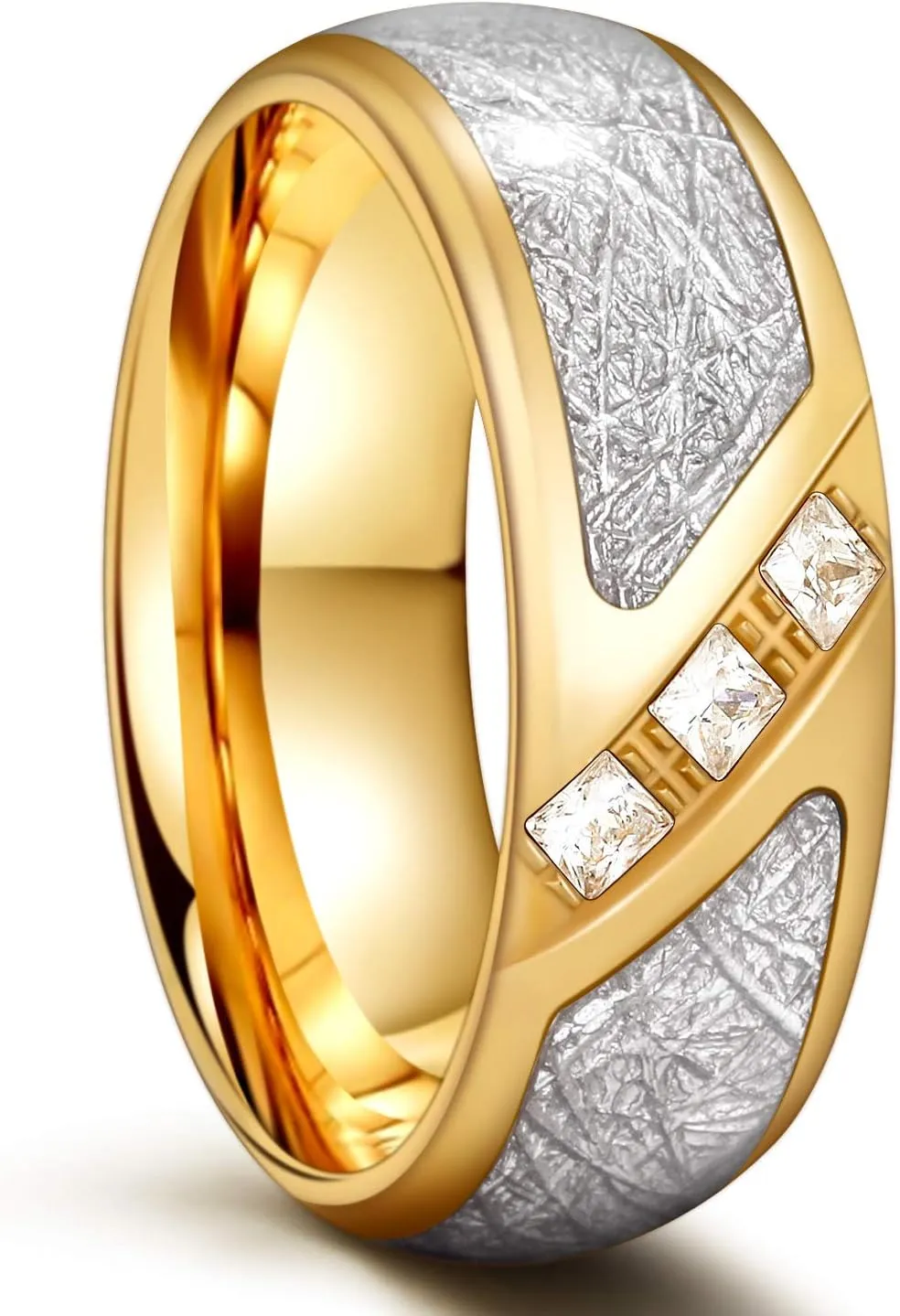 Greenpod 8mm Stainless Steel Rings for Men 24K Gold Meteorite Cubic Zirconia Inlay Domed Polished Wedding Band Comfort Fit Size 7-15