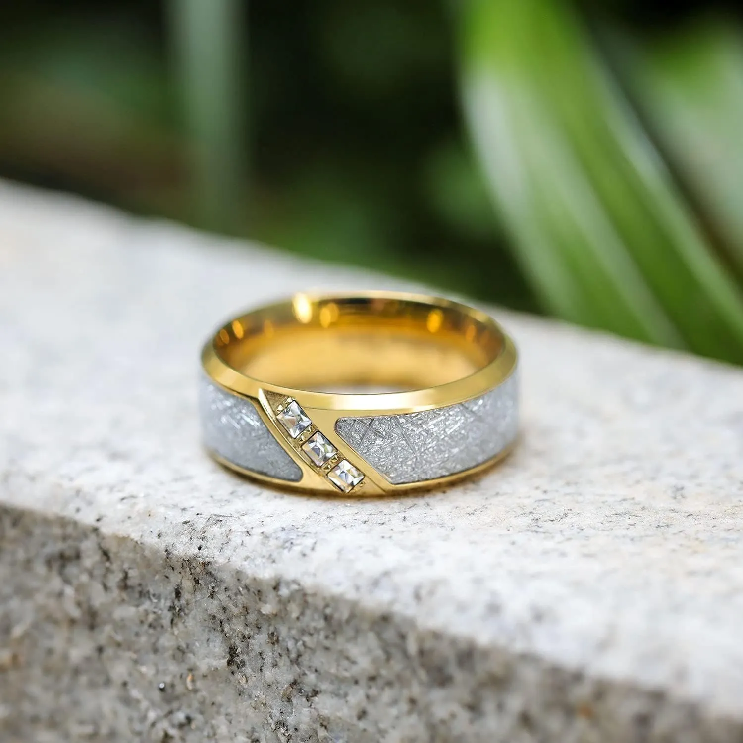 Greenpod 8mm Stainless Steel Rings for Men 24K Gold Meteorite Cubic Zirconia Inlay Domed Polished Wedding Band Comfort Fit Size 7-15