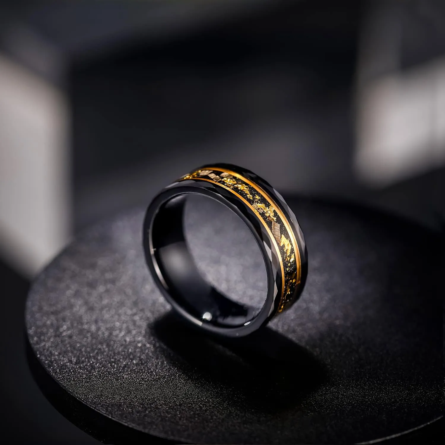 Greenpod 8MM Tungsten Carbide Rings for Men Hammered Polished Faceted Edge Wedding Band Gold Foil with Black Dinas Inlay Comfort Fit Size 7-13
