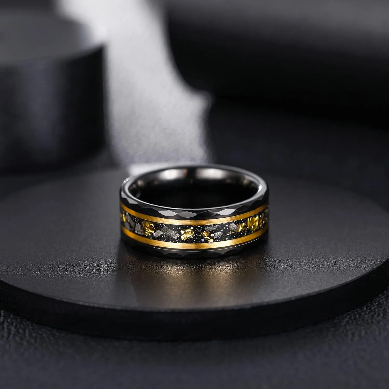 Greenpod 8MM Tungsten Carbide Rings for Men Hammered Polished Faceted Edge Wedding Band Gold Foil with Black Dinas Inlay Comfort Fit Size 7-13