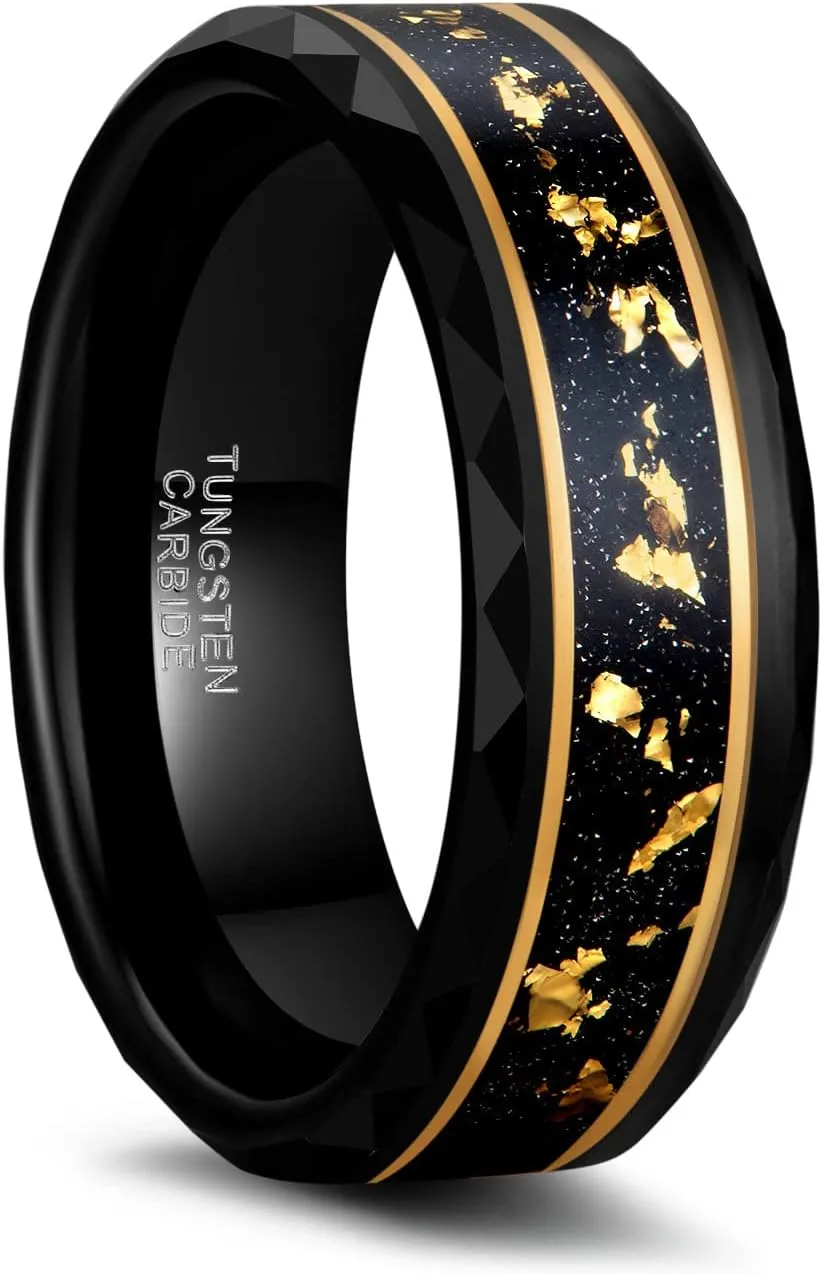 Greenpod 8MM Tungsten Carbide Rings for Men Hammered Polished Faceted Edge Wedding Band Gold Foil with Black Dinas Inlay Comfort Fit Size 7-13