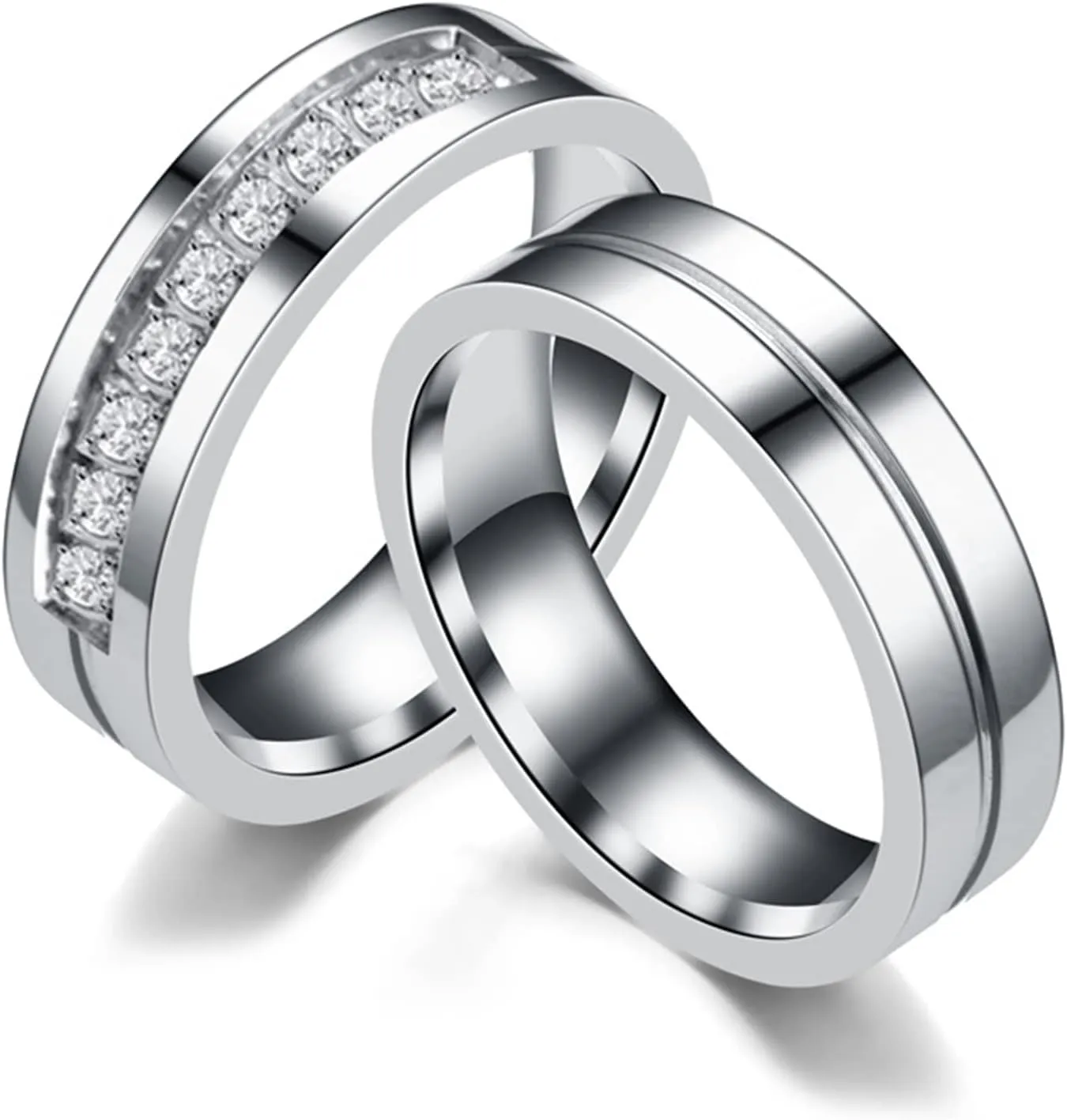 Gualiy 1 Pcs Wedding Couples Rings, Wedding Band for Him and Her Stainless Steel 6MM Polished Band Zirconia Ring Size 5-14
