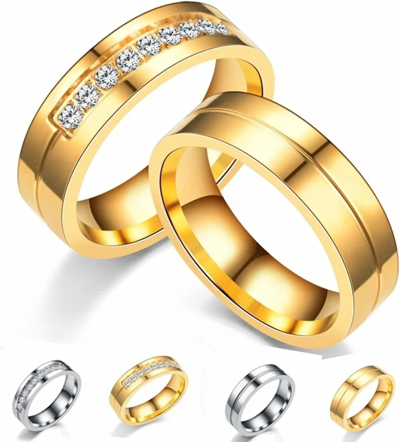 Gualiy 1 Pcs Wedding Couples Rings, Wedding Band for Him and Her Stainless Steel 6MM Polished Band Zirconia Ring Size 5-14