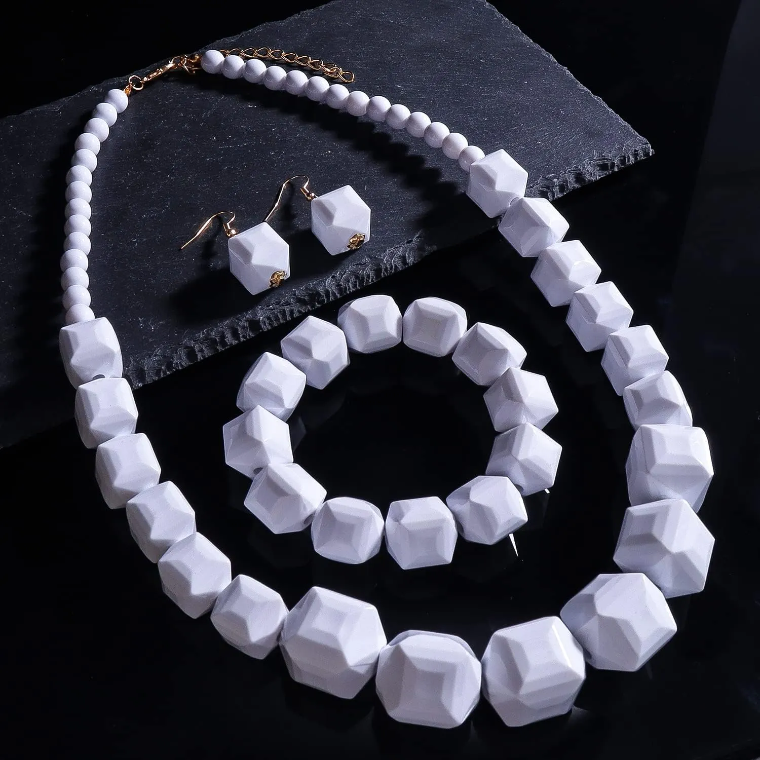 Halawly White Beads Necklace, Acrylic Costume Jewelry for Women Chunky Statement Strand Necklaces with Bracelet Dangle Earrings, Big African Beaded Necklace