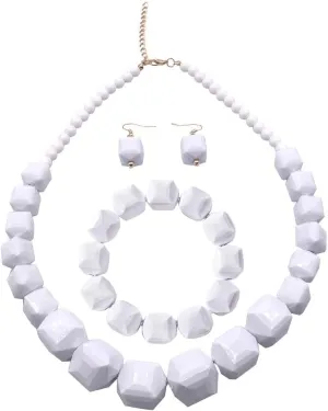 Halawly White Beads Necklace, Acrylic Costume Jewelry for Women Chunky Statement Strand Necklaces with Bracelet Dangle Earrings, Big African Beaded Necklace