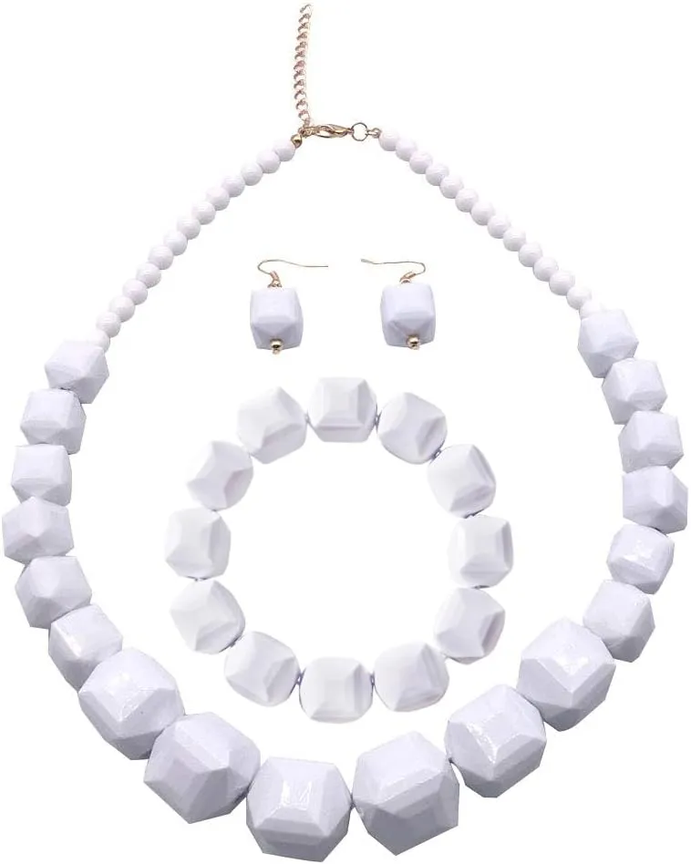 Halawly White Beads Necklace, Acrylic Costume Jewelry for Women Chunky Statement Strand Necklaces with Bracelet Dangle Earrings, Big African Beaded Necklace